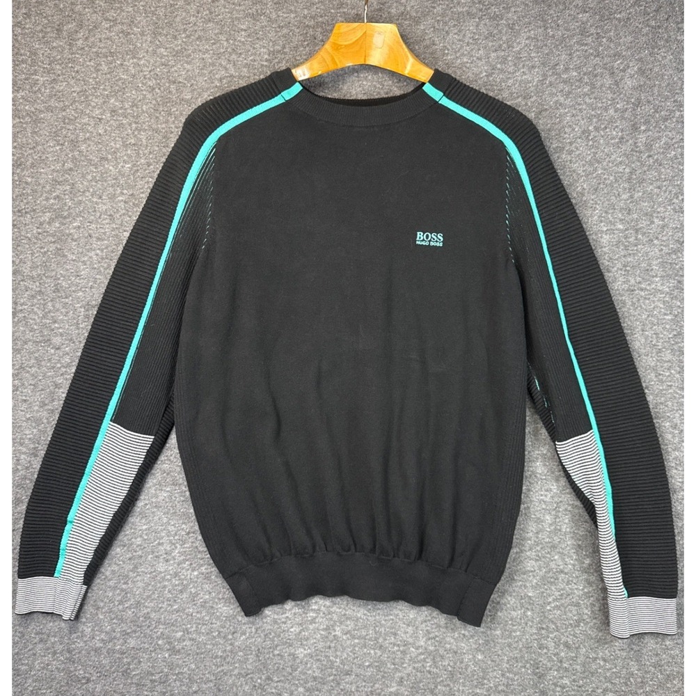 Hugo Boss Reinar Mens XL Black Turquoise Slim Fit Cotton Blend Crewneck Sweater‎
